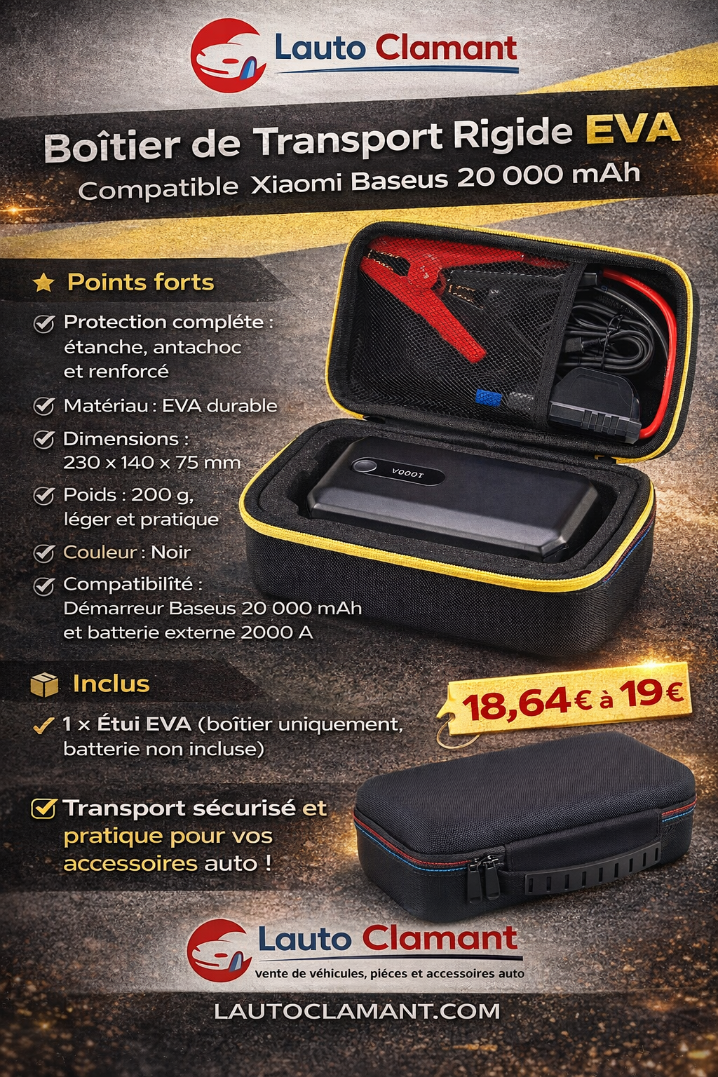 Boîtier de transport rigide en EVA, facile à transporter, compatible avec le chargeur de batterie automobile Xiaomi Baseus 20 000 mAh (démarreur et power bank 2 000 A)